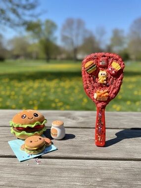 Hand Crafted Red Play handheld mirror  with Cute Food Charms